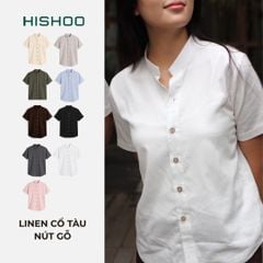 Áo Sơ Mi Nữ Nút Gỗ Relax Form Rộng, Cổ Tàu Vuông, Lai Ngang Linen Solene Vải Mềm Mát HISHOO A1G002