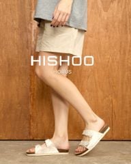 Dép đế trấu birken 2 khoá Kem Vân Rắn premium HISHOO B093