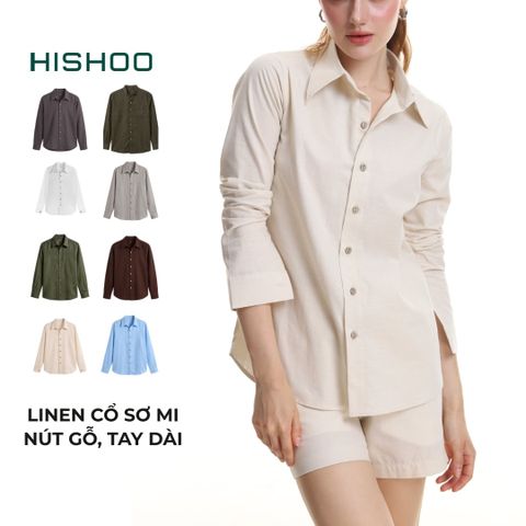 Áo Sơ Mi Nút Gỗ Tay Dài Nữ Relax Form Rộng, Cổ Thường, Lai Ngang Linen Solene Vải Mềm Mát HISHOO A2G003