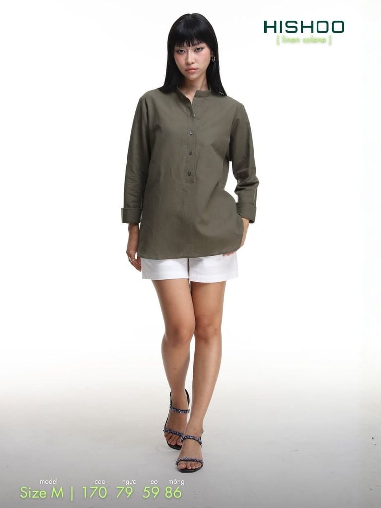 Áo Sơ Mi Nữ Tay Dài Relax Form Rộng, Cổ Polo Tàu Vuông, Xẻ V Linen Solene Vải Mềm Mát HISHOO A3G002
