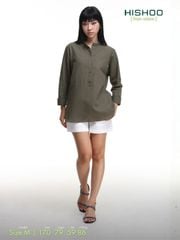 Áo Sơ Mi Nữ Tay Dài Relax Form Rộng, Cổ Polo Tàu Vuông, Xẻ V Linen Solene Vải Mềm Mát HISHOO A3G002