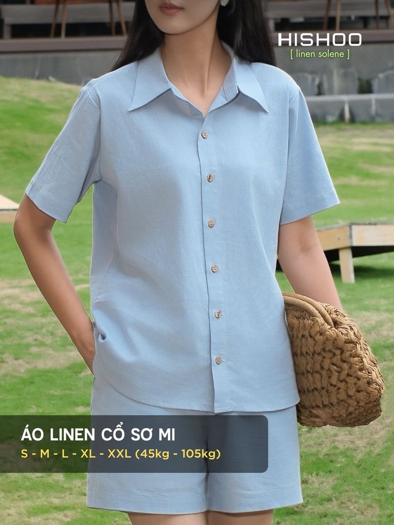 Áo Sơ Mi Nữ Nút GỗRelax Form Rộng, Cổ Thường, Lai Ngang Linen Solene Vải Mềm Mát HISHOO A1G003