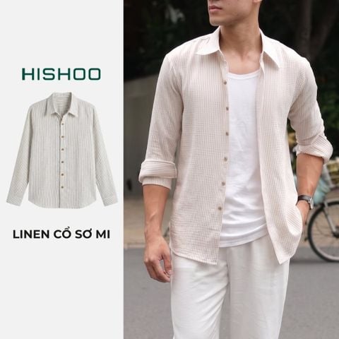 Áo Sơ Mi Trắng Sọc Nâu Nút Gỗ Tay Dài Nam Relax Form Rộng, Cổ Thường, Lai Ngang Linen Solene Vải Mềm Mát HISHOO A2T003