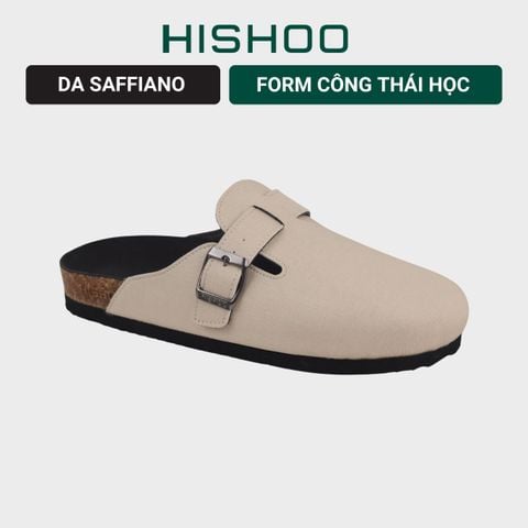 Dép đế trấu sục Boston quai ngang Kem da saffiano  HISHOO R109
