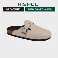 Dép đế trấu sục Boston quai ngang Kem da saffiano  HISHOO R109