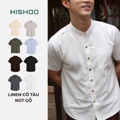 Áo Sơ Mi Nam Nút Gỗ Relax Form Rộng, Cổ Tàu Vuông, Lai Ngang Linen Solene Vải Mềm Mát HISHOO A1T002