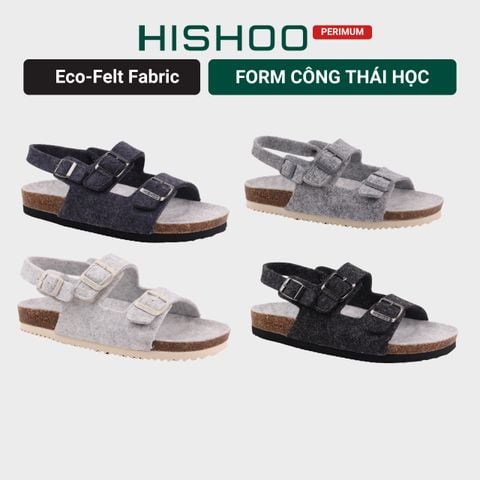 Dép đế trấu sandal birken quai ngang 2 khoá vải dạ Premium HISHOO B102