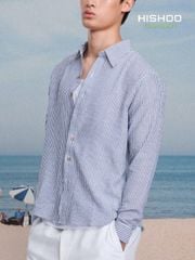 Áo Sơ Mi Trắng Sọc Nâu Nút Gỗ Tay Dài Nam Relax Form Rộng, Cổ Thường, Lai Ngang Linen Solene Vải Mềm Mát HISHOO A2T003