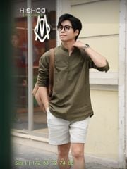 Áo Sơ Mi Nam Rêu Tay Dài Relax Form Rộng, Cổ Polo Tàu Vuông, Xẻ V Linen Solene Vải Mềm Mát HISHOO A3T002