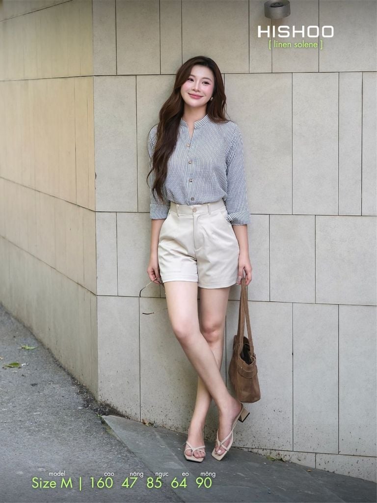 Quần kaki nữ lưng cao xếp li Hishoo short suông basic mặc đi chơi, đi làm HISHOO Q2G001