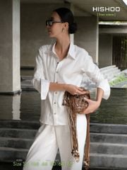 Áo Sơ Mi Nút Gỗ Tay Dài Nữ Relax Form Rộng, Cổ Thường, Lai Ngang Linen Solene Vải Mềm Mát HISHOO A2G003