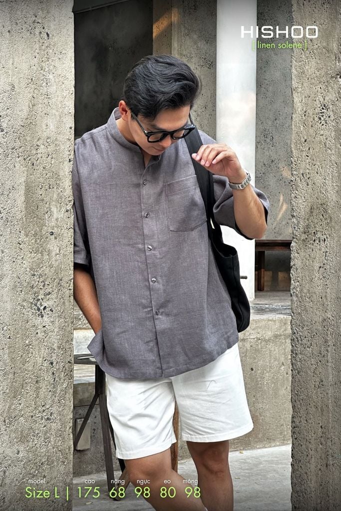Áo Sơ Mi Xám Chuột Nam Relax Form Rộng, Cổ Tàu Vuông, Lai Ngang Linen Solene Vải Mềm Mát HISHOO A1T002