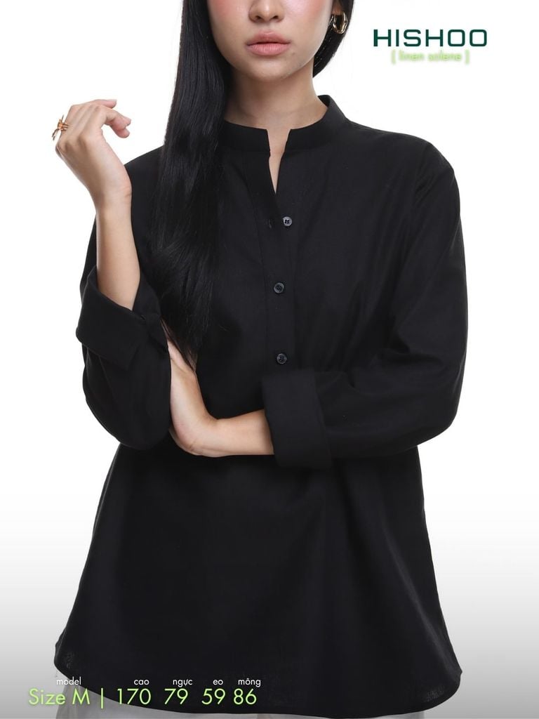 Áo Sơ Mi Nữ Tay Dài Relax Form Rộng, Cổ Polo Tàu Vuông, Xẻ V Linen Solene Vải Mềm Mát HISHOO A3G002