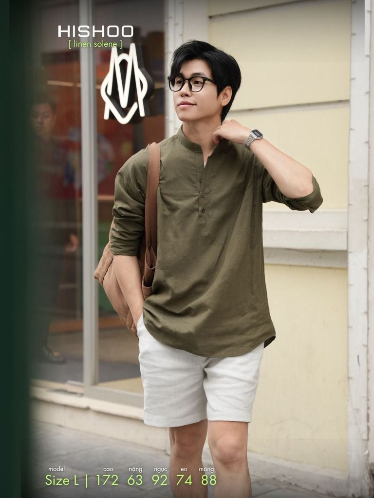 Áo Sơ Mi Nam Tay Dài Relax Form Rộng, Cổ Polo Tàu Vuông, Xẻ V Linen Solene Vải Mềm Mát HISHOO A3T002