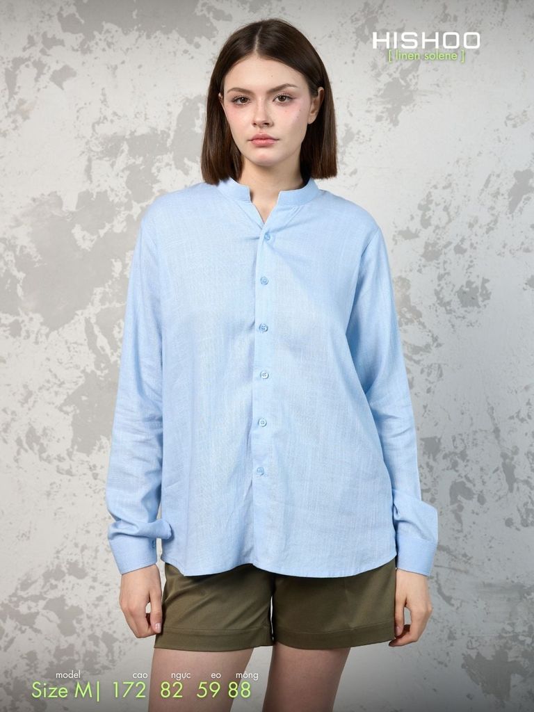 Áo Sơ Mi Tay Dài Nữ Xanh Nhạt Relax Form Rộng, Cổ Tàu Vuông, Lai Ngang Linen Solene Vải Mềm Mát HISHOO A2G002
