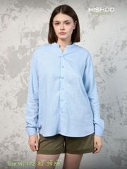 Áo Sơ Mi Tay Dài Nữ Xanh Nhạt Relax Form Rộng, Cổ Tàu Vuông, Lai Ngang Linen Solene Vải Mềm Mát HISHOO A2G002
