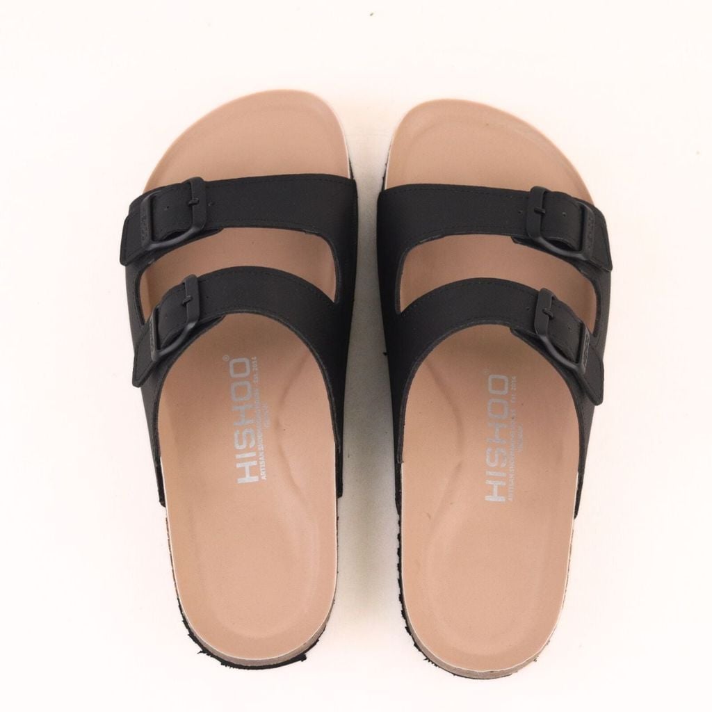 Dép đế trấu birken 2 khoá Đen Saffiano premium HISHOO B093