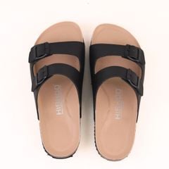 Dép đế trấu birken 2 khoá Đen Saffiano premium HISHOO B093