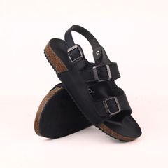 Dép đế trấu Sandal birken quai ngang 2 khoá MẶT ĐEN da SAFFIANO Hishoo M102