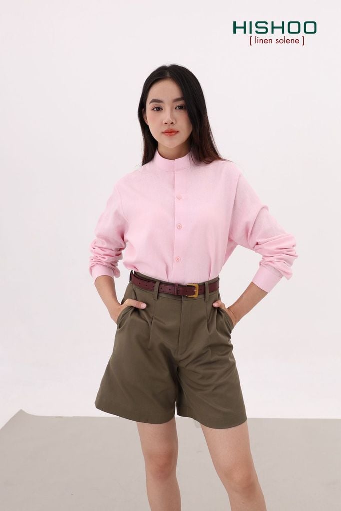 Áo Sơ Mi Tay Dài Nữ Relax Form Rộng, Cổ Tàu Vuông, Lai Ngang Linen Solene Vải Mềm Mát HISHOO A2G002