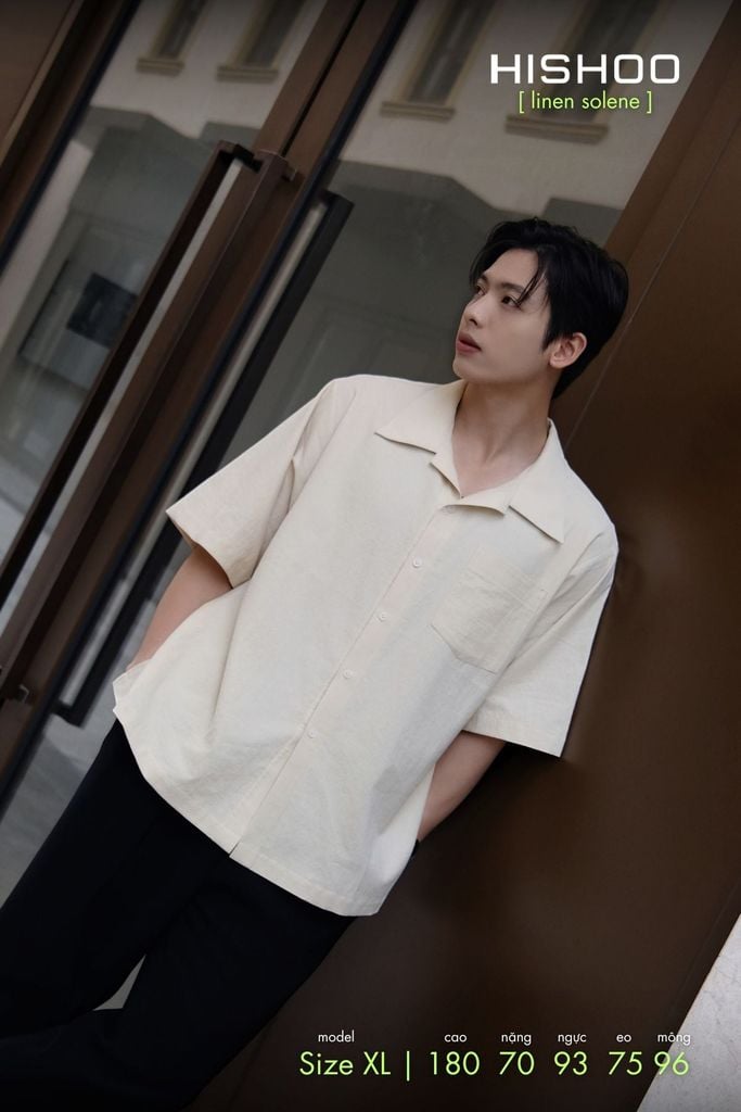Áo Sơ Mi Nam Kem Relax Form Rộng, Cổ Danton, Lai Ngang Linen Solene Vải Mềm Mát HISHOO A1T004