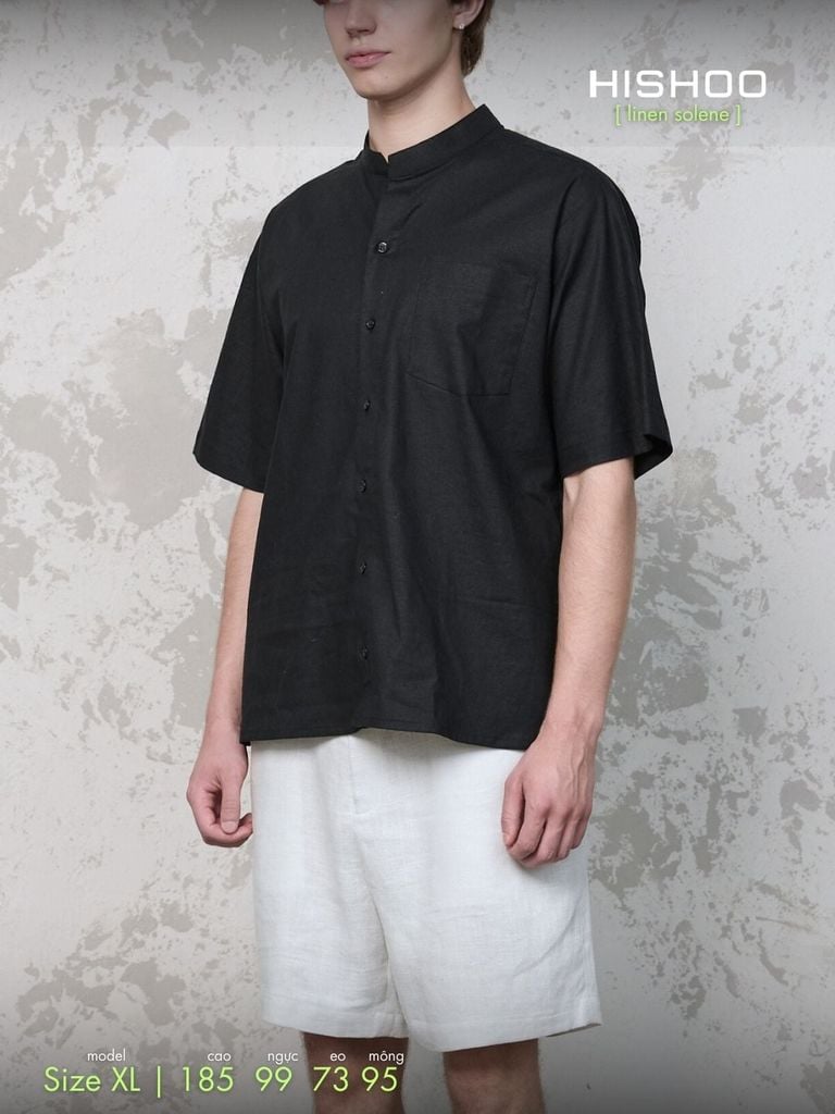 Áo Sơ Mi Nam Đen Relax Form Rộng, Cổ Tàu Vuông, Lai Ngang Linen Solene Vải Mềm Mát HISHOO A1T002