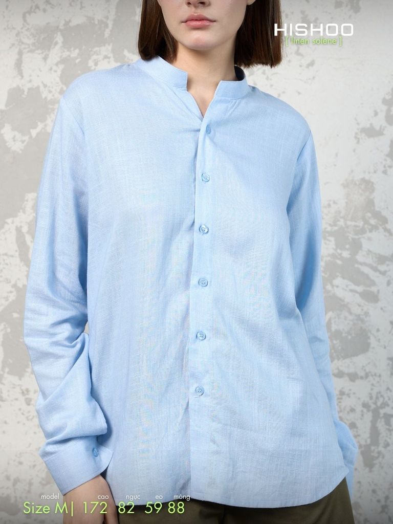 Áo Sơ Mi Tay Dài Nữ Xanh Nhạt Relax Form Rộng, Cổ Tàu Vuông, Lai Ngang Linen Solene Vải Mềm Mát HISHOO A2G002