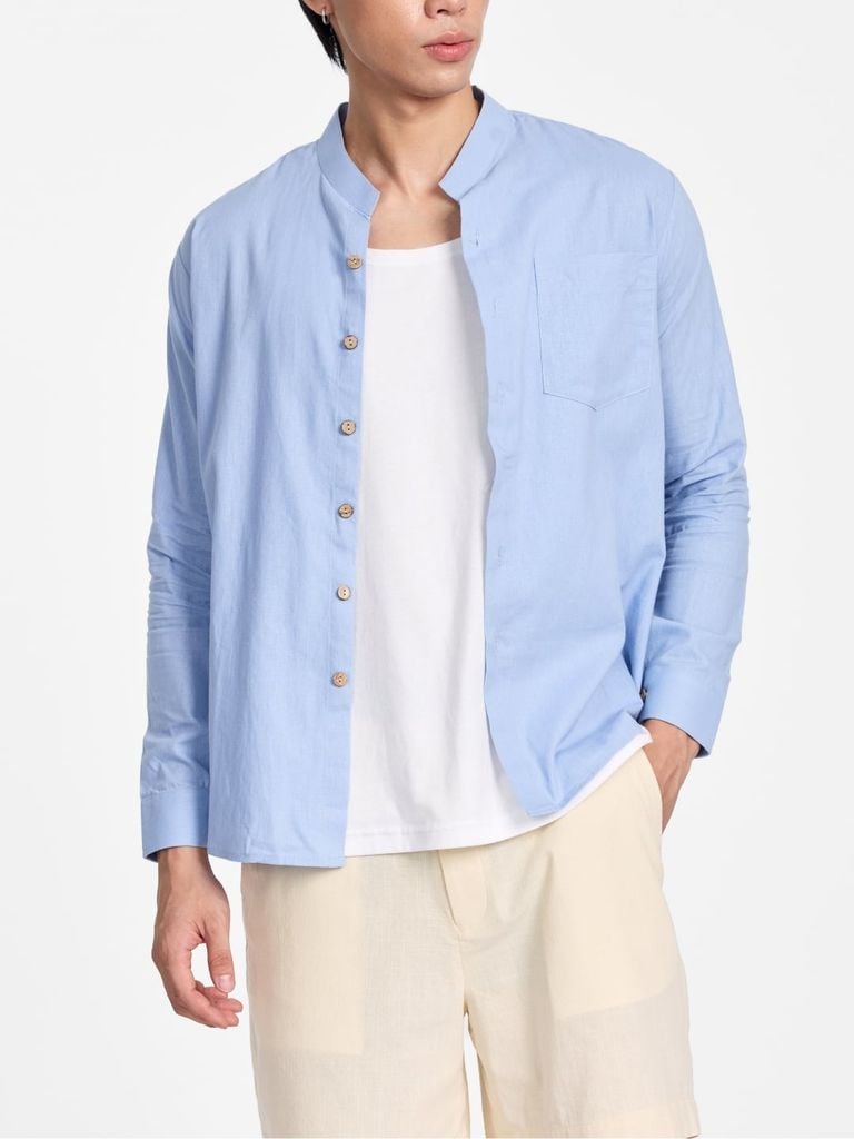 Áo Sơ Mi Nam Nút Gỗ Tay Dài Relax Form Rộng, Cổ Tàu Vuông, Lai Ngang Linen Solene Vải Mềm Mát HISHOO A2T002