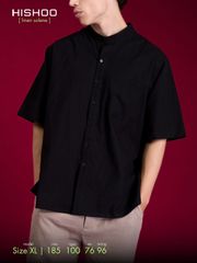 Áo Sơ Mi Đen Nam Relax Form Rộng, Cổ Tàu Vuông, Lai Ngang Linen Solene Vải Mềm Mát HISHOO A1T002