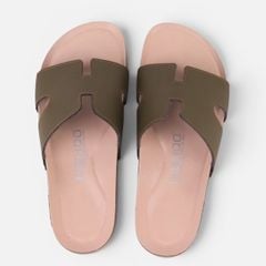 Dép đế trấu birken Xanh Olive  chữ H premium HISHOO B095