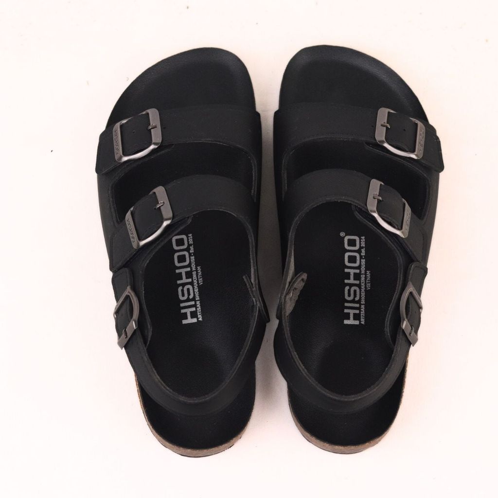 Dép đế trấu Sandal birken quai ngang 2 khoá MẶT ĐEN da SAFFIANO Hishoo M102