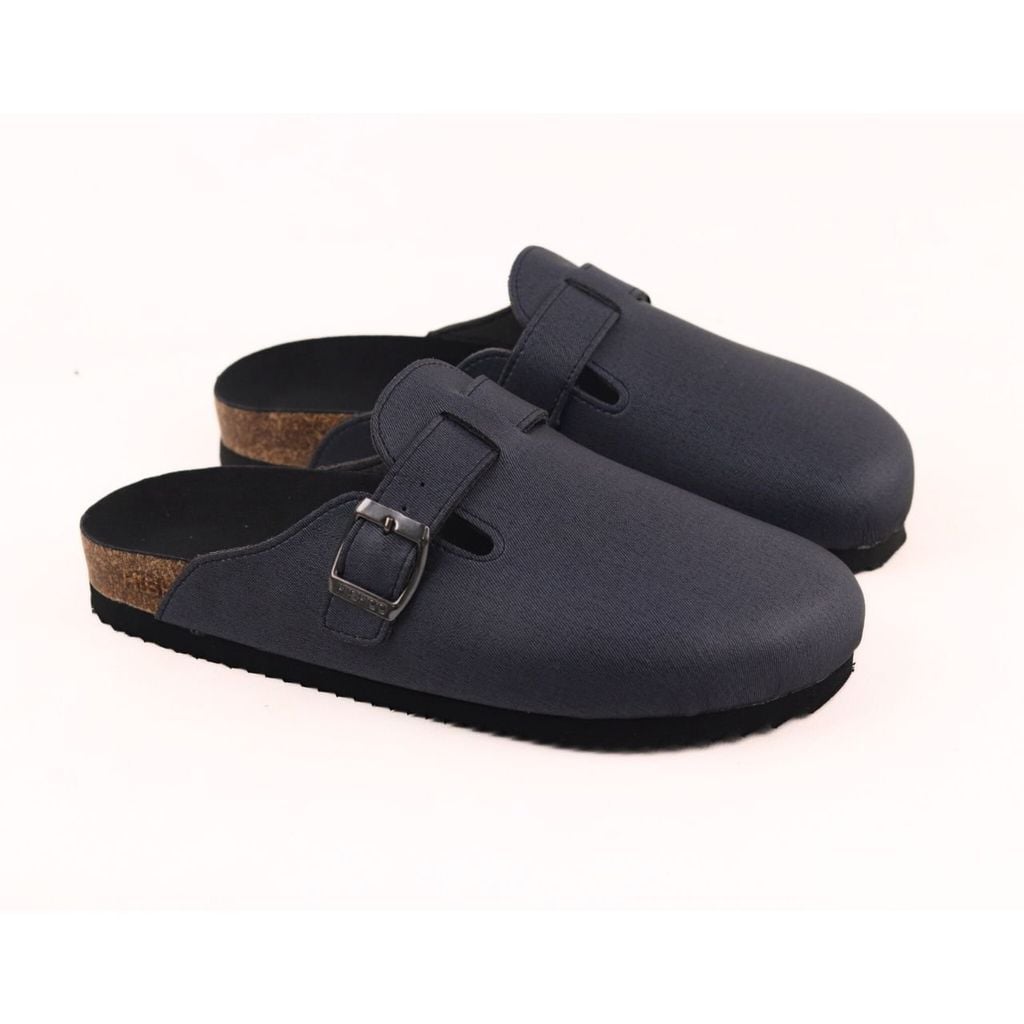 Dép đế trấu sục Boston quai ngang Xanh Dương da saffiano  HISHOO R109