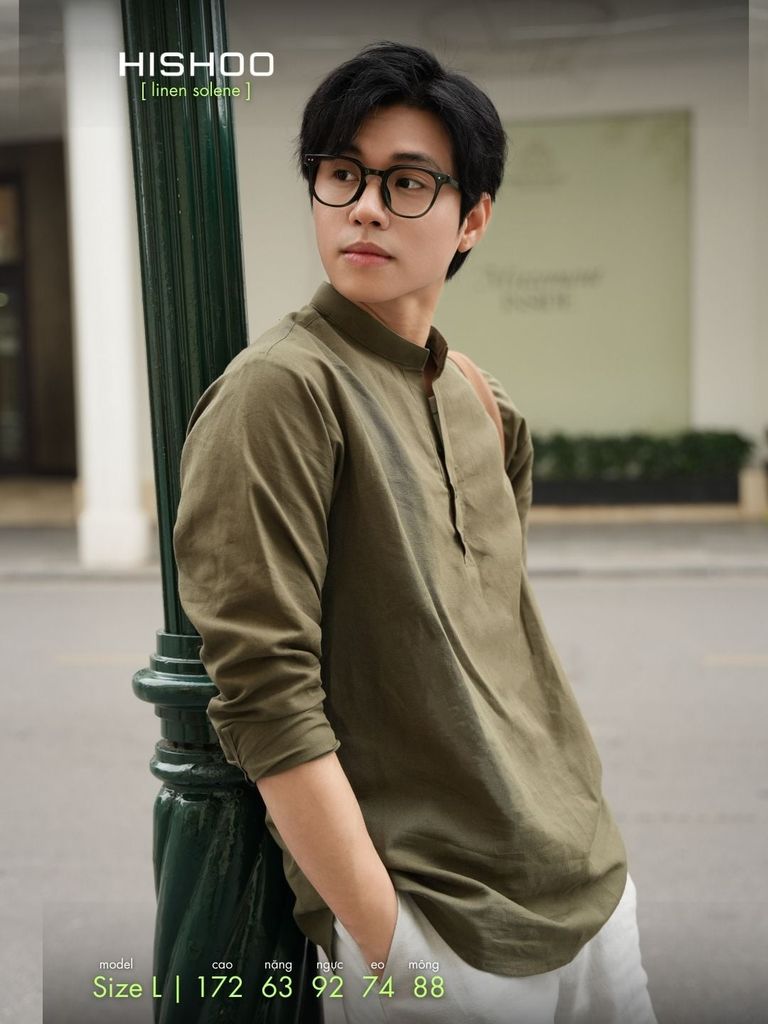 Áo Sơ Mi Nam Tay Dài Relax Form Rộng, Cổ Polo Tàu Vuông, Xẻ V Linen Solene Vải Mềm Mát HISHOO A3T002
