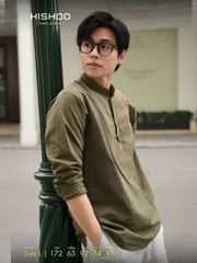 Áo Sơ Mi Nam Tay Dài Relax Form Rộng, Cổ Polo Tàu Vuông, Xẻ V Linen Solene Vải Mềm Mát HISHOO A3T002