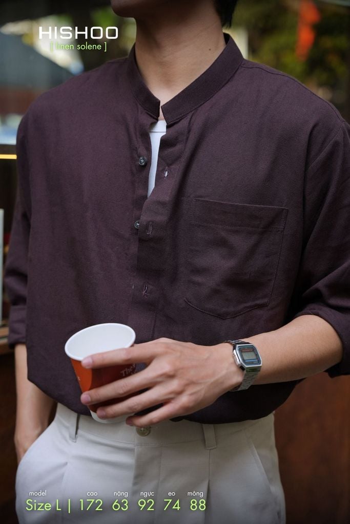 Áo Sơ Mi Nam Tay Dài Relax Form Rộng, Cổ Tàu Vuông, Lai Ngang Linen Solene Vải Mềm Mát HISHOO A2T002