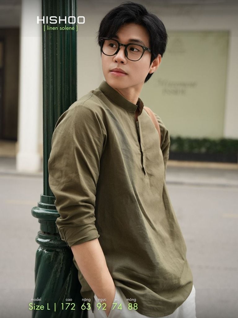 Áo Sơ Mi Nam Rêu Tay Dài Relax Form Rộng, Cổ Polo Tàu Vuông, Xẻ V Linen Solene Vải Mềm Mát HISHOO A3T002