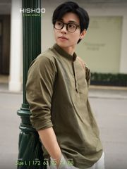 Áo Sơ Mi Nam Rêu Tay Dài Relax Form Rộng, Cổ Polo Tàu Vuông, Xẻ V Linen Solene Vải Mềm Mát HISHOO A3T002
