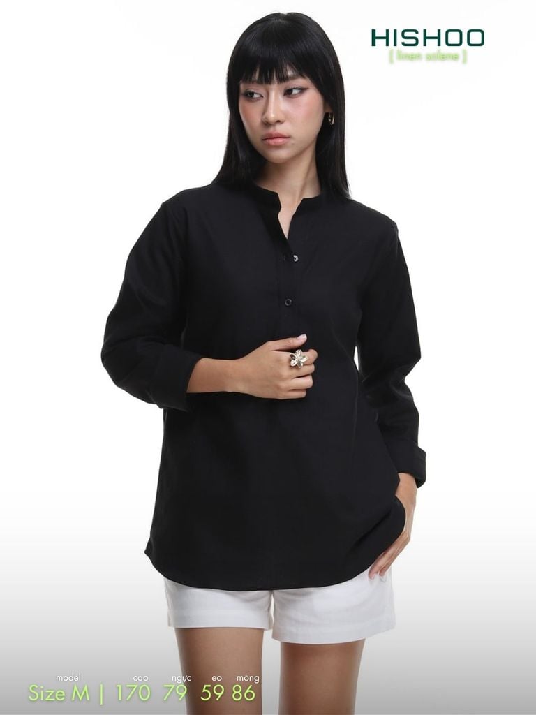 Áo Sơ Mi Đen Nữ Tay Dài Relax Form Rộng, Cổ Polo Tàu Vuông, Xẻ V Linen Solene Vải Mềm Mát HISHOO A3G002