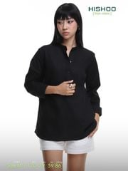 Áo Sơ Mi Đen Nữ Tay Dài Relax Form Rộng, Cổ Polo Tàu Vuông, Xẻ V Linen Solene Vải Mềm Mát HISHOO A3G002