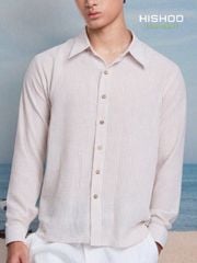 Áo Sơ Mi Trắng Sọc Nâu Nút Gỗ Tay Dài Nam Relax Form Rộng, Cổ Thường, Lai Ngang Linen Solene Vải Mềm Mát HISHOO A2T003