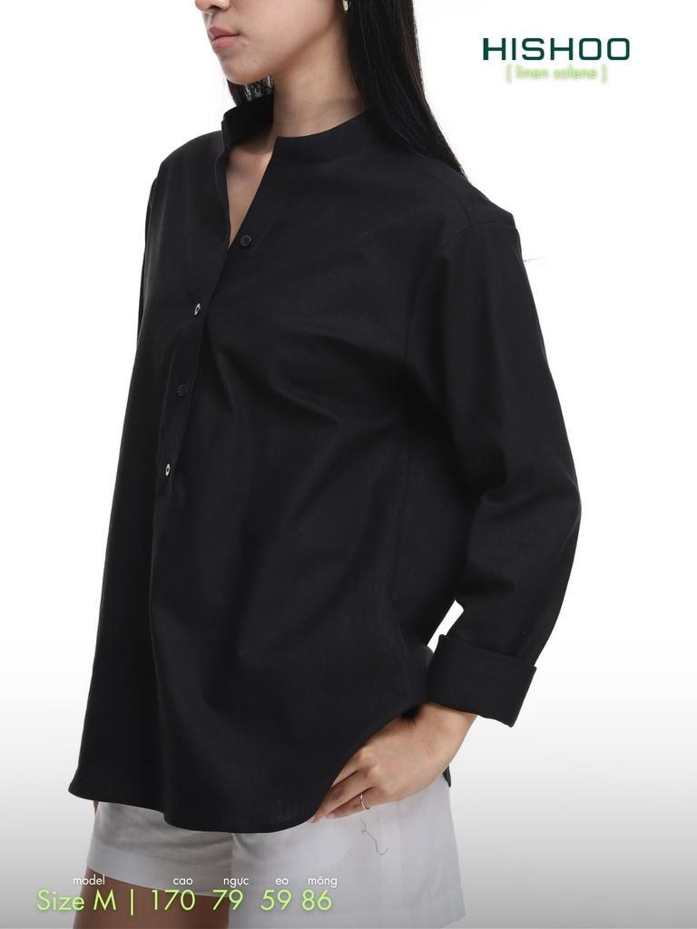Áo Sơ Mi Đen Nữ Tay Dài Relax Form Rộng, Cổ Polo Tàu Vuông, Xẻ V Linen Solene Vải Mềm Mát HISHOO A3G002