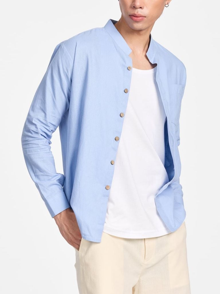 Áo Sơ Mi Nam Nút Gỗ Tay Dài Relax Form Rộng, Cổ Tàu Vuông, Lai Ngang Linen Solene Vải Mềm Mát HISHOO A2T002