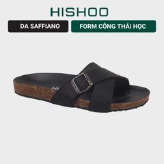 Dép đế trấu birken quai chéo [CÓ KHOÁ] MẶT ĐEN da SAFFIANO Hishoo M096