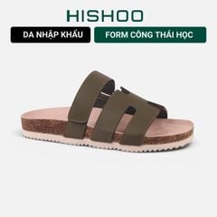 Dép đế trấu birken Xanh Olive Chữ H Sandal quai ngang bản premium HISHOO B104