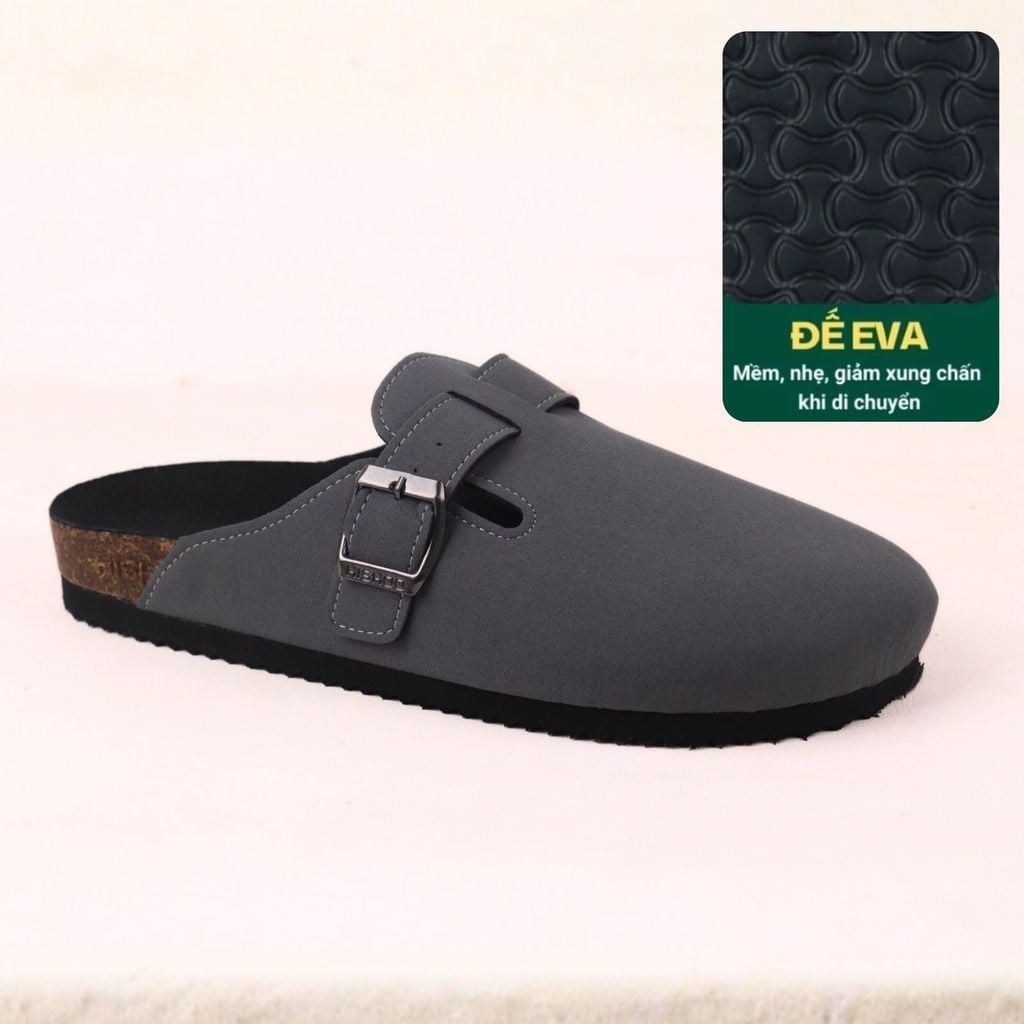 Dép đế trấu sục Boston Xám/ Kem/Bò quai ngang da lộn HISHOO R109