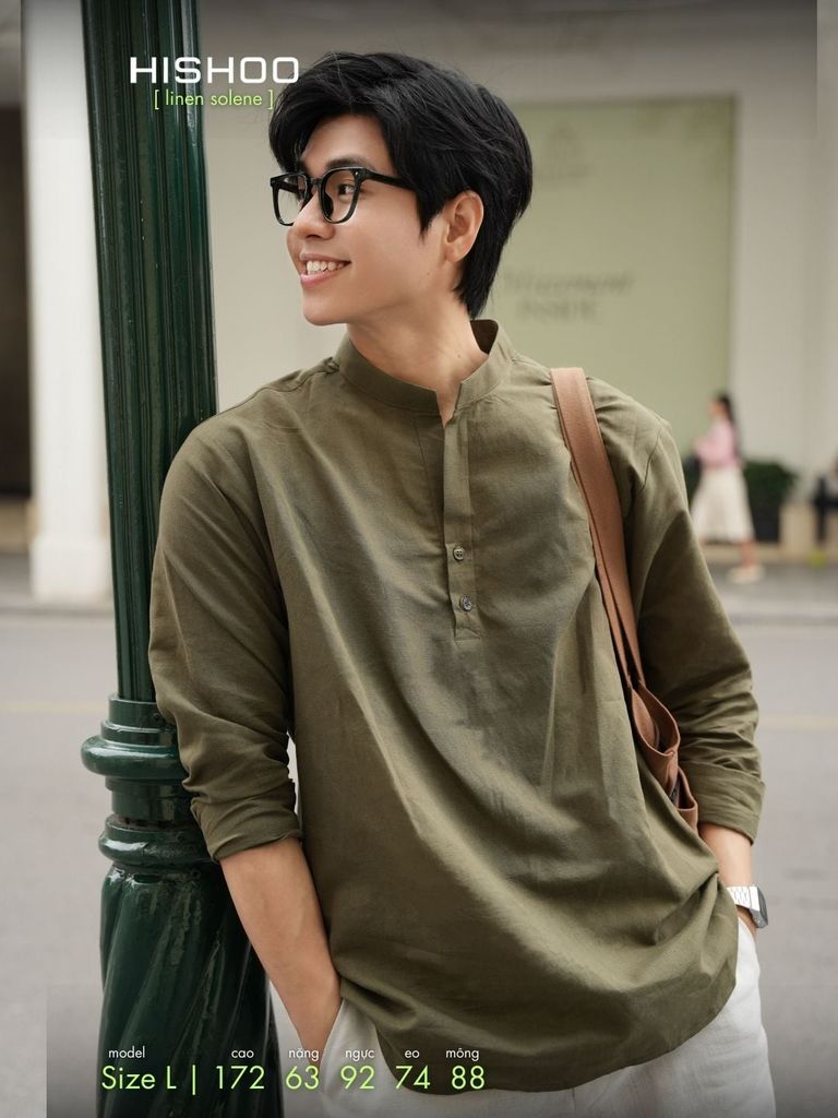 Áo Sơ Mi Nam Tay Dài Relax Form Rộng, Cổ Polo Tàu Vuông, Xẻ V Linen Solene Vải Mềm Mát HISHOO A3T002