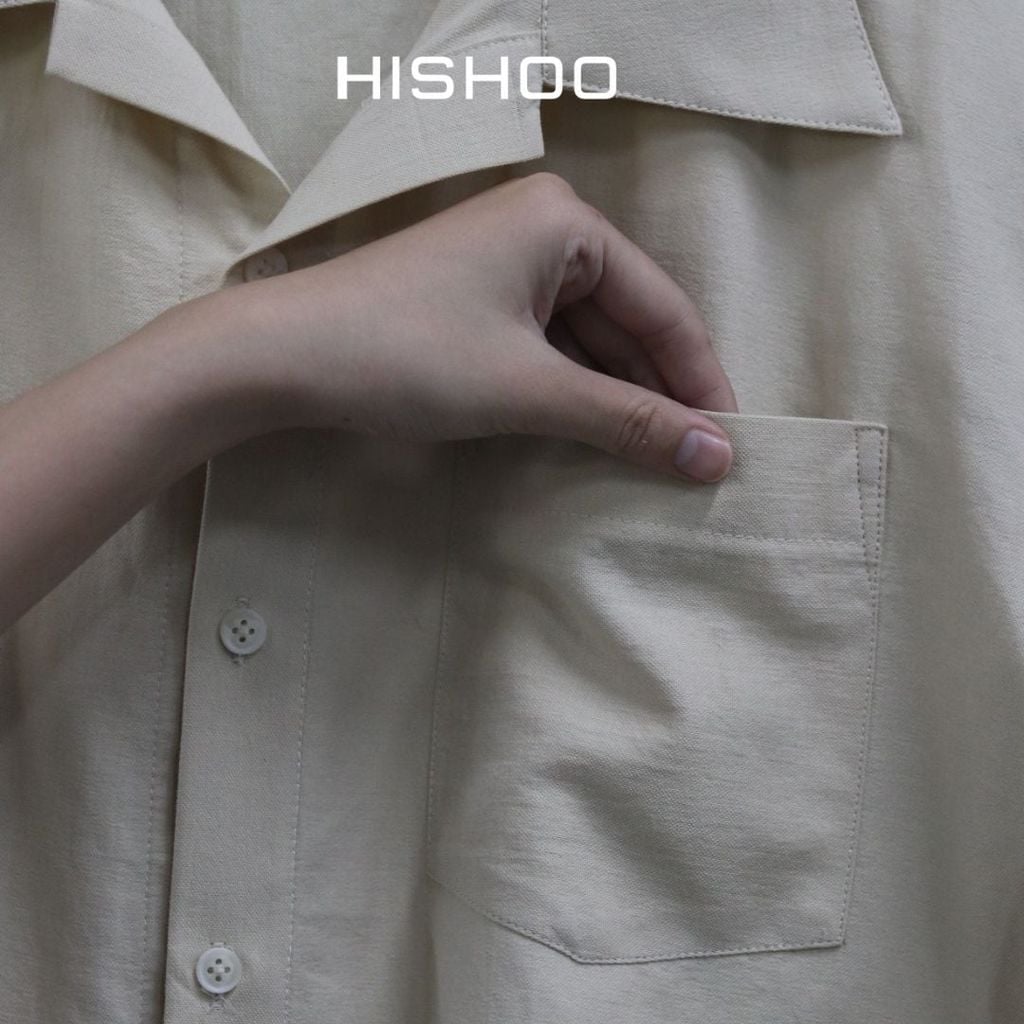 Áo Sơ Mi Nam Kem Relax Form Rộng, Cổ Danton, Lai Ngang Linen Solene Vải Mềm Mát HISHOO A1T004