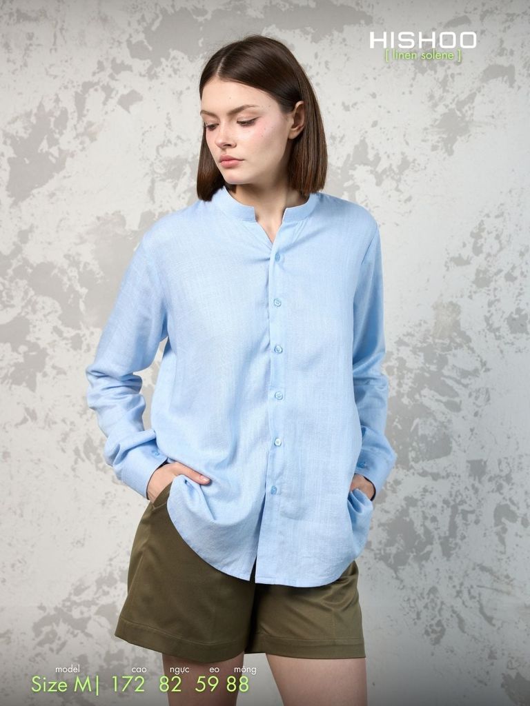 Áo Sơ Mi Tay Dài Nữ Xanh Nhạt Relax Form Rộng, Cổ Tàu Vuông, Lai Ngang Linen Solene Vải Mềm Mát HISHOO A2G002