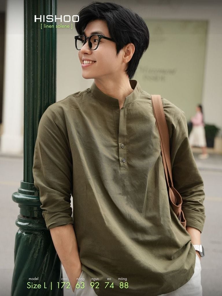 Áo Sơ Mi Nam Rêu Tay Dài Relax Form Rộng, Cổ Polo Tàu Vuông, Xẻ V Linen Solene Vải Mềm Mát HISHOO A3T002