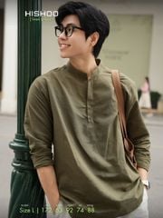 Áo Sơ Mi Nam Rêu Tay Dài Relax Form Rộng, Cổ Polo Tàu Vuông, Xẻ V Linen Solene Vải Mềm Mát HISHOO A3T002